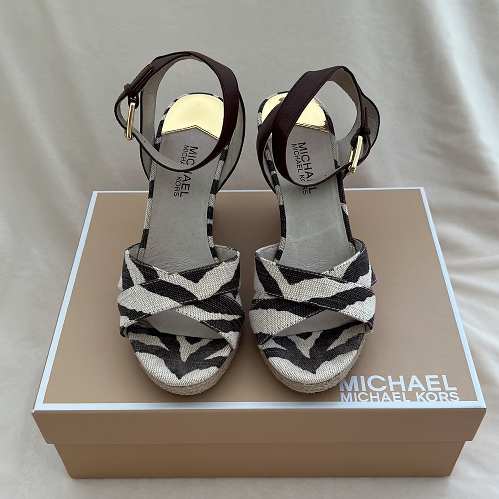 MICHAEL Michael Kors Beige and Dark Brown Wedge Sandals - Picture 7 of 10